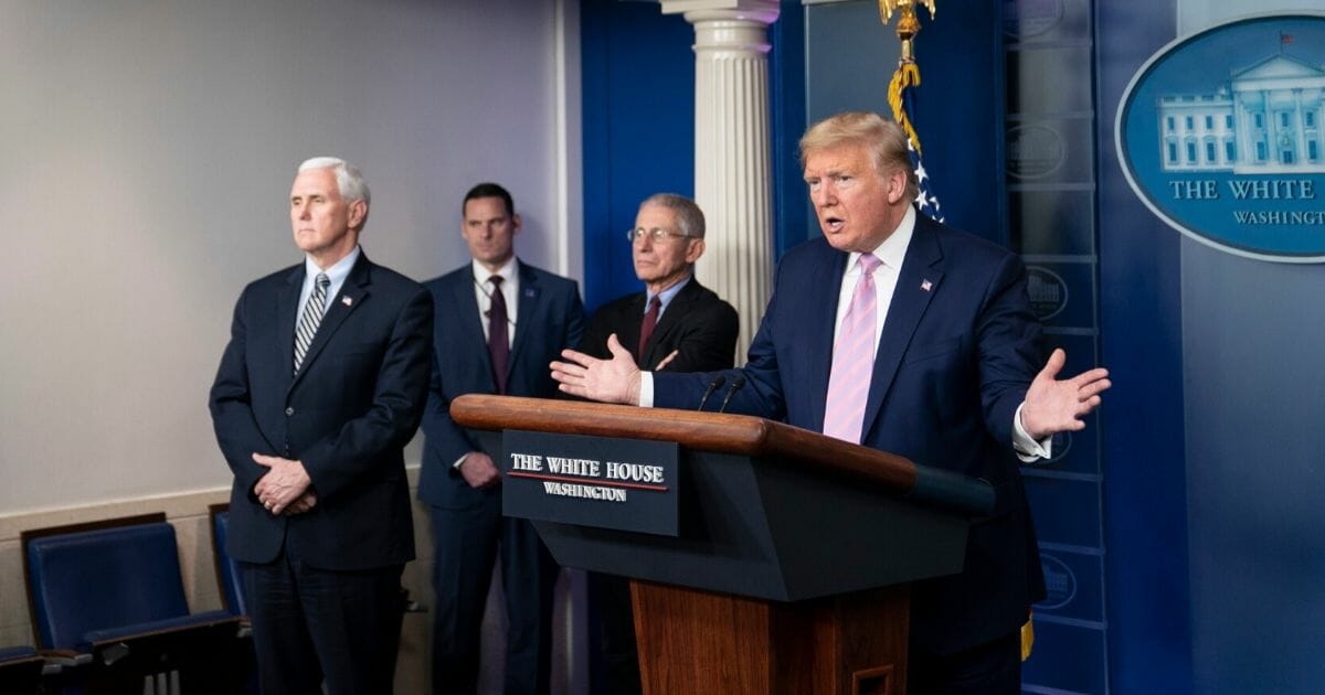 President Donald Trump speaks at a news briefing with members of the White House Coronavirus Task Force on April 4, 2020.