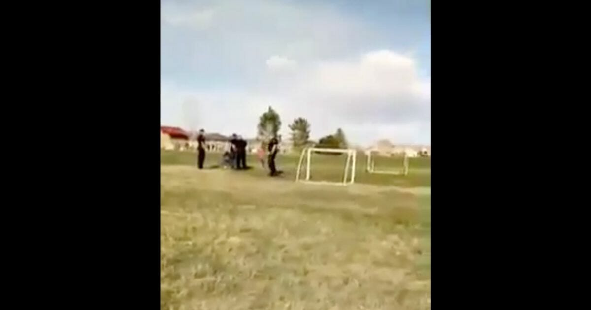 Matt Mooney of Brighton, Colorado, is detained by police after playing ball with his daughter in a public park.