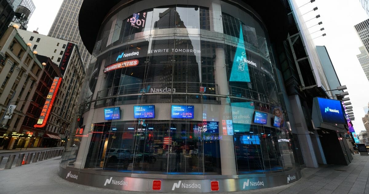 A view outside the Nasdaq Stock Market in Times Square on March 31, 2020, in New York City.