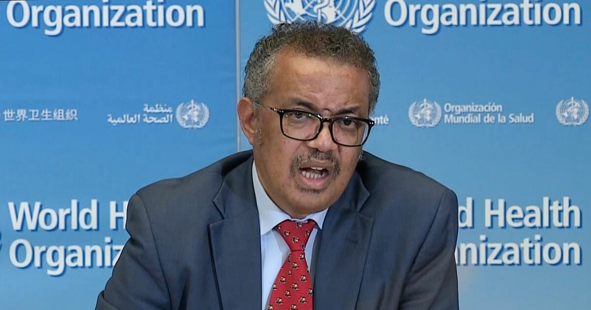 A TV screen shot taken from a video released by the World Health Organization shows Director-General Tedros Adhanom Ghebreyesus attending a virtual news briefing on the coronavirus from the WHO headquarters in Geneva on April 6, 2020.