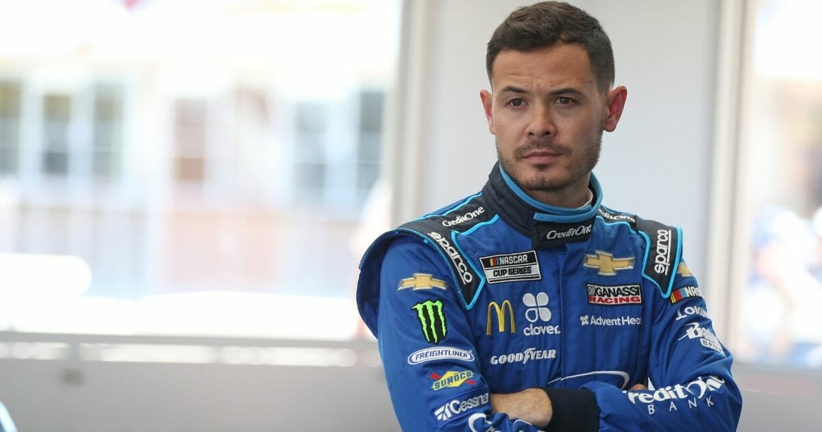 Kyle Larson, driver of the #42 Credit One Bank Chevrolet, stands by his car during practice for the NASCAR Cup Series Penzoil 400 presented by Jiffy Lube at Las Vegas Motor Speedway on Feb. 21, 2020, in Las Vegas.