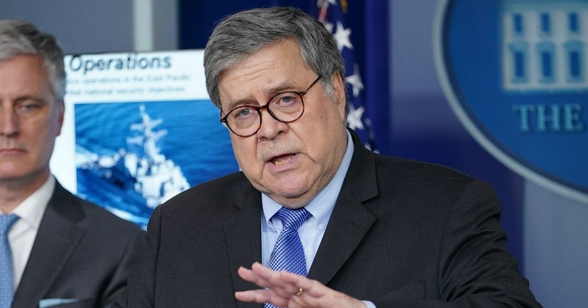 Attorney General William Barr addresses the media during an April 1 White House briefing on the country's coronavirus responses.