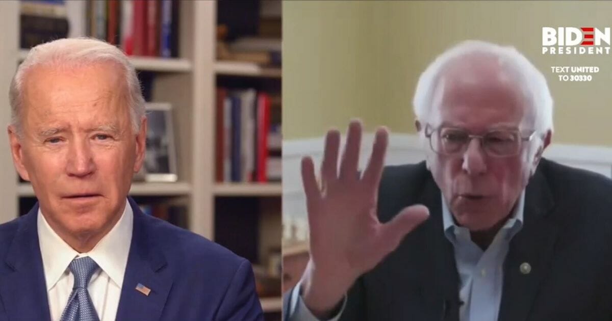 In this screen shot taken from the JoeBiden.com campaign website, Democratic Sen. Bernie Sanders of Vermont endorses Democratic presidential candidate former Vice President Joe Biden during a livestreamed broadcast on April 13, 2020.
