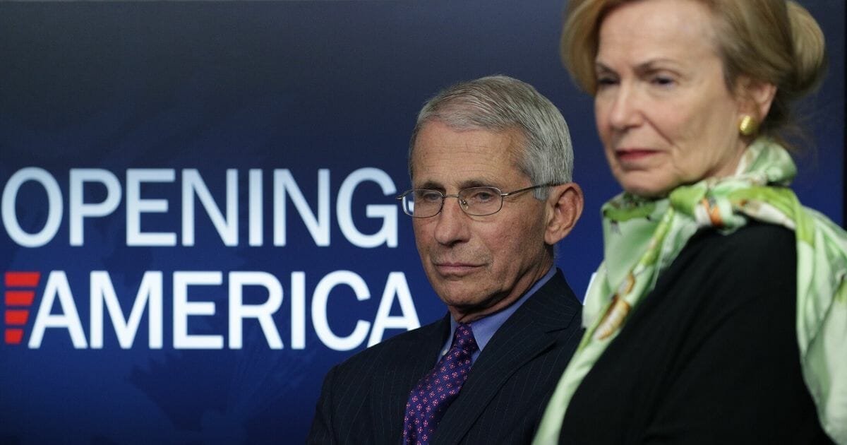 Dr. Anthony Fauci, the director of the National Institute of Allergy and Infectious Diseases, and Dr. Deborah Birx, the White House coronavirus response coordinator, listen to President Donald Trump speak at the daily briefing of the coronavirus task force at the White House on April 16, 2020, in Washington, D.C.