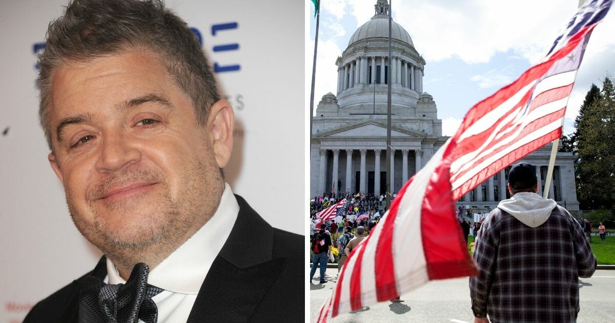 Comedian Patton Oswalt, left; and protesters in Olympia, Washington, right.