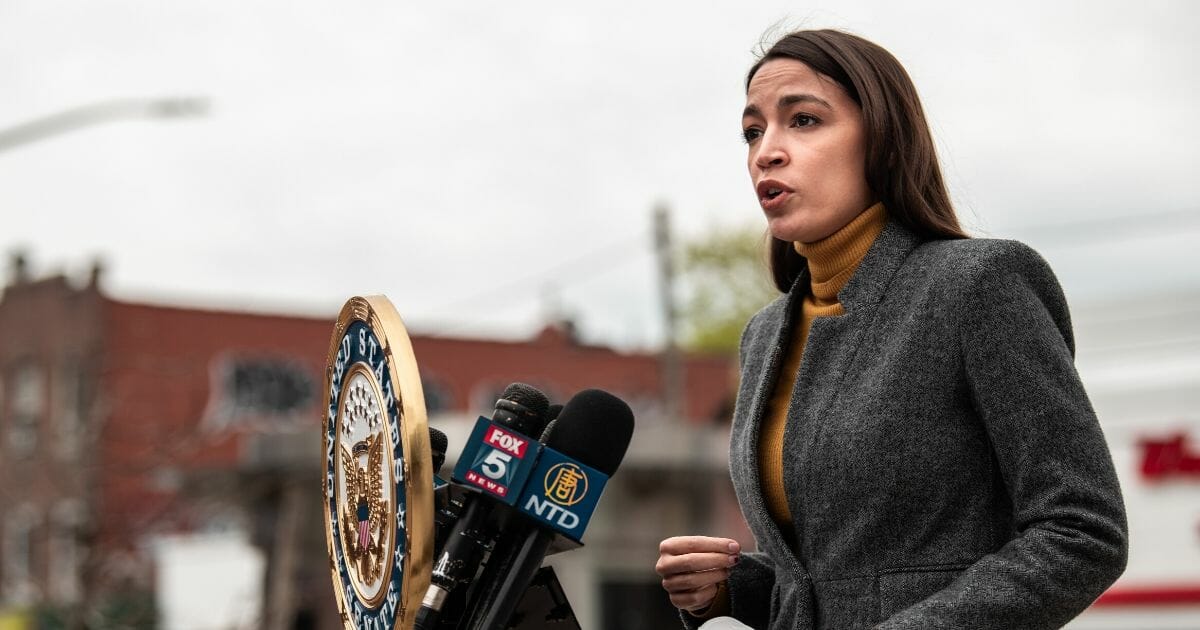 Democratic Rep. Alexandria Ocasio Cortez of New York speaks at a news conference at Corona Plaza in Queens on April 14, 2020, in New York City.