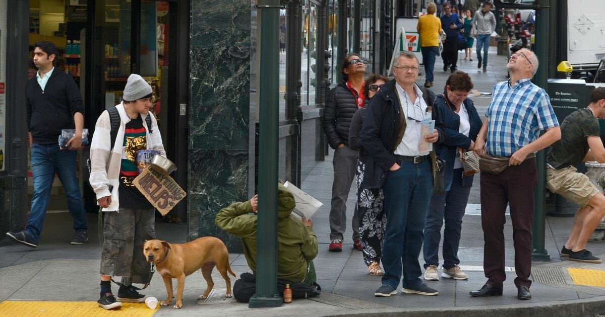 A man with a dog and a sign asking for money stands at a street corner in San Francisco.