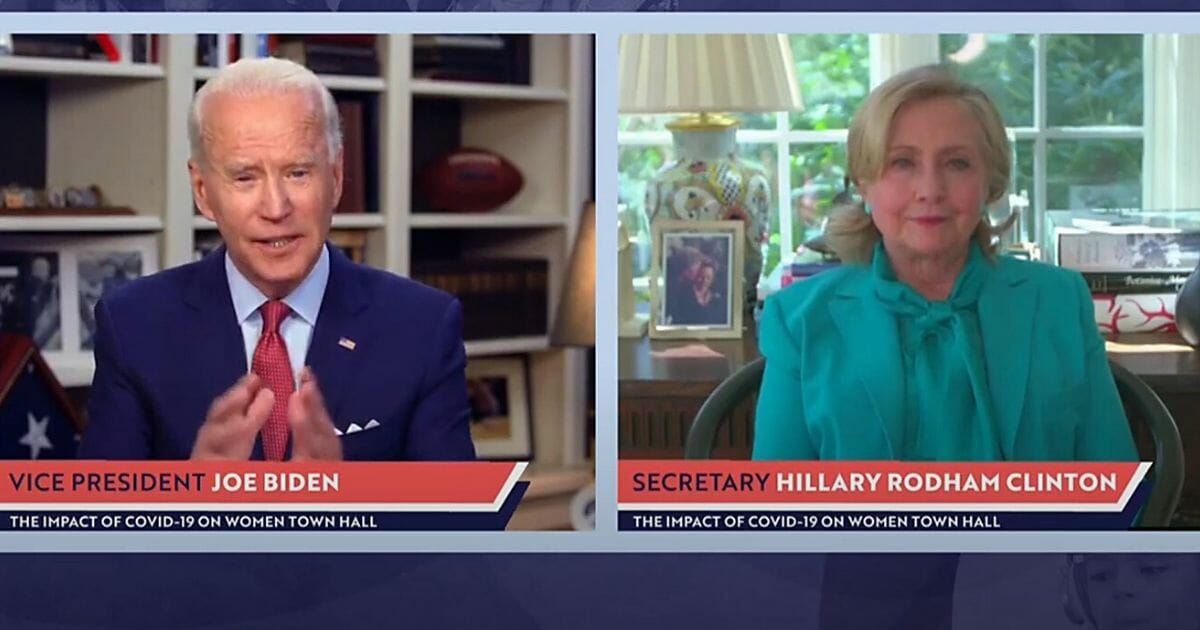 In this screen shot taken from the PBS News Hour website, former first lady Hillary Clinton joins former Vice President Joe Biden, the presumptive Democratic nominee for president, during a livestreamed town hall on April 28, 2020 in Wilmington, Delaware.