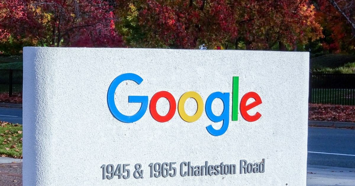 The Google logo pictured in the fall season on 1945 Charleston Rd, Mountain View, California.