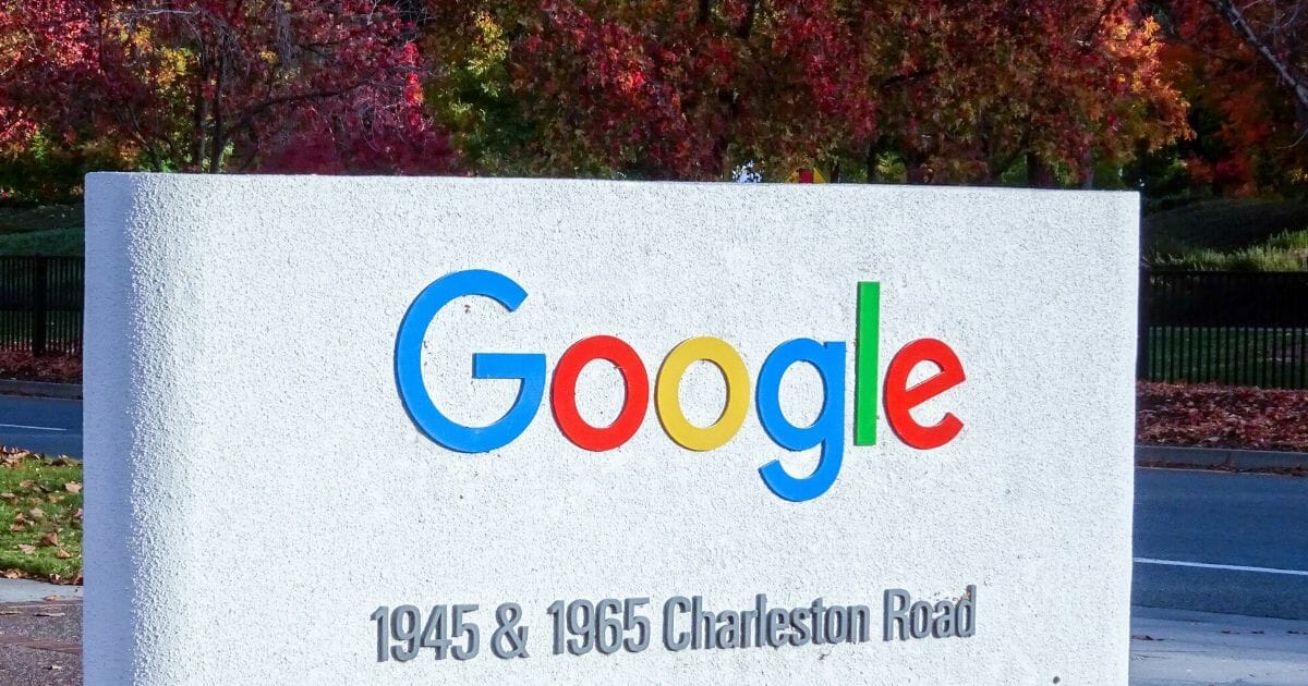The Google logo pictured in the fall season on 1945 Charleston Rd, Mountain View, California.