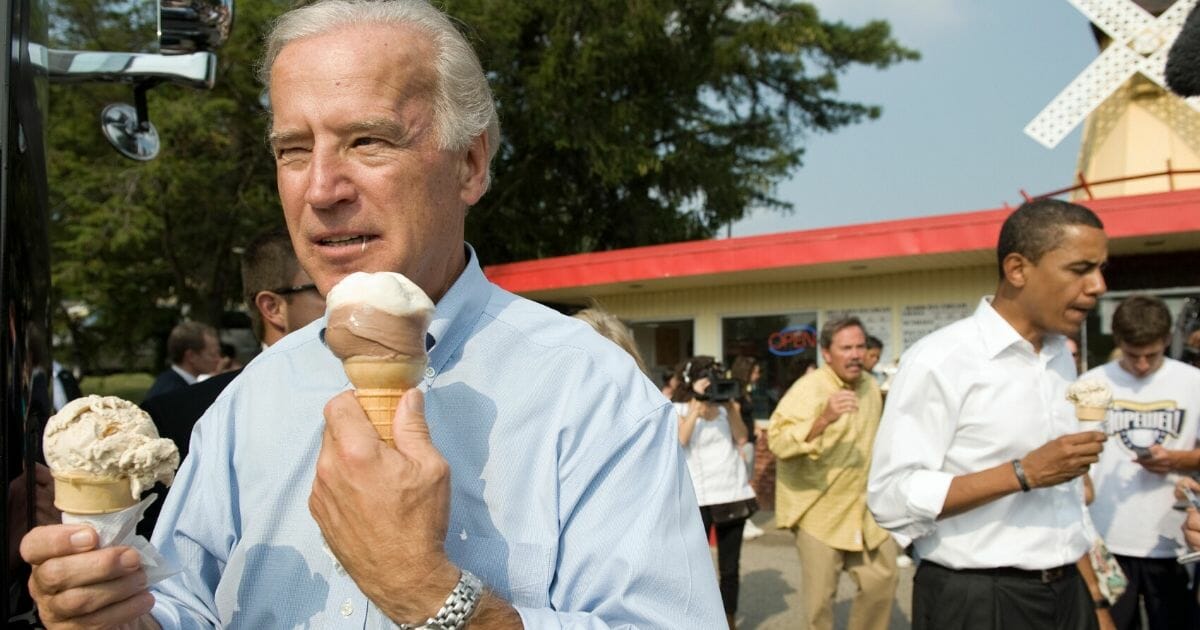 Then-Sen. Joe Biden of Delaware speaks with local residents at the Windmill Ice Cream Shop in Aliquippa, Pennsylvania, on Aug. 29, 2008.