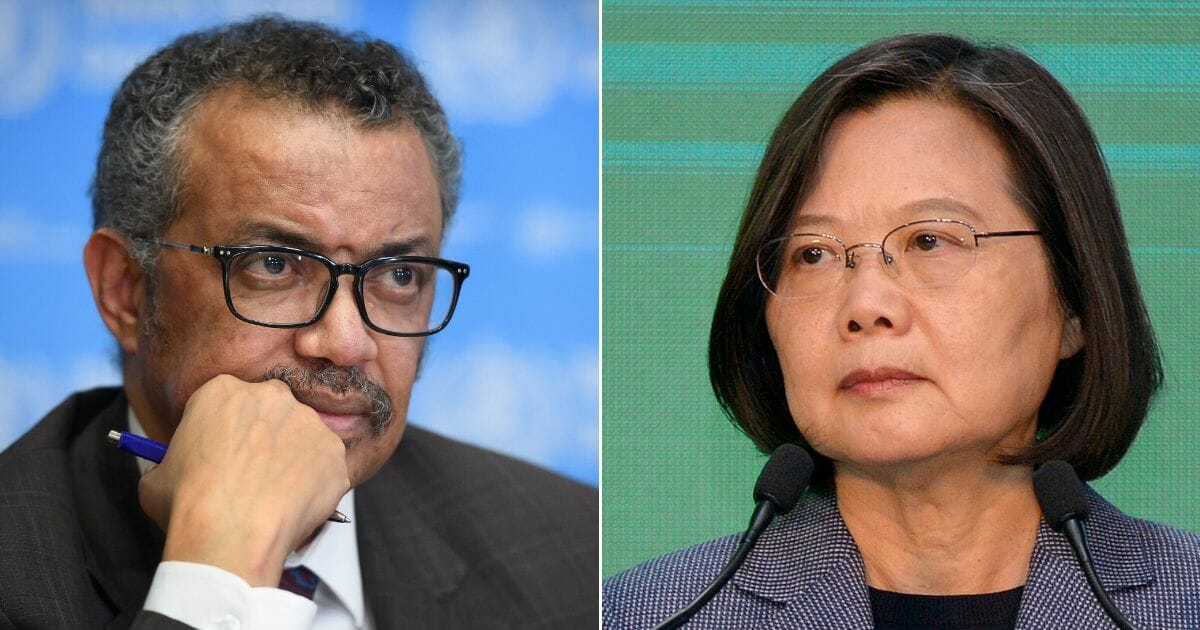 Right: World Health Organization Director-General Tedros Adhanom Ghebreyesus attends a daily news briefing on COVID-19 at the WHO headquarters in Geneva on Feb. 28, 2020. Left: Taiwan's President Tsai Ing-wen attends a news conference in Taipei on Jan. 11, 2020.
