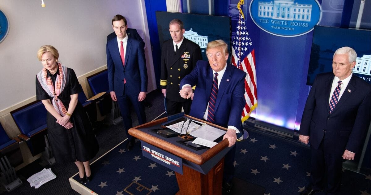 President Donald Trump speaks, flanked by (from left) White House coronavirus task force response coordinator Dr. Deborah Birx, White House adviser Jared Kushner, Rear Adm. John Polowczyk and Vice President Mike Pence during the daily briefing on the novel coronavirus in the Brady Briefing Room at the White House on April 2, 2020, in Washington, D.C.