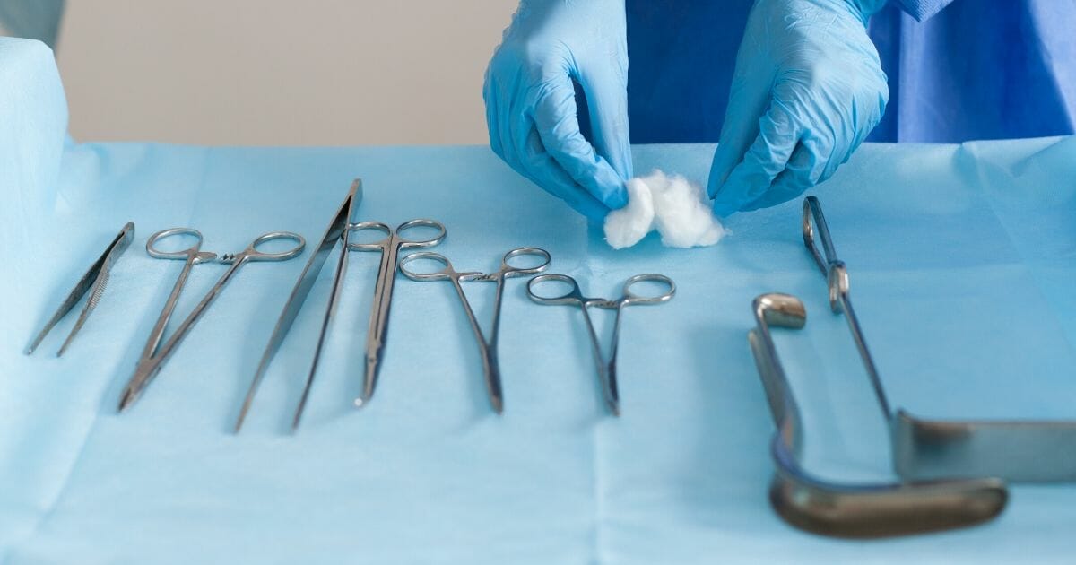 Surgical instruments in an operating room where abortion is performed.