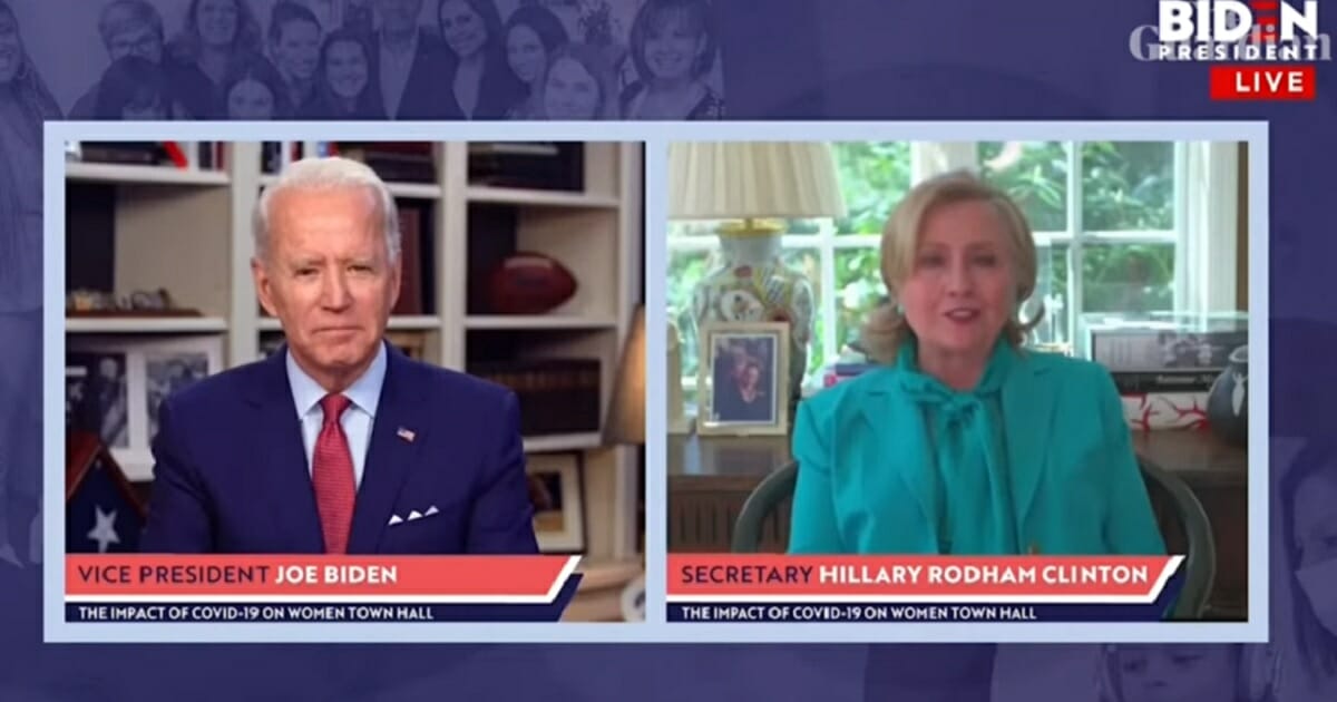 Former Vice President Joe Biden, left, is pictured on a split screen with former Democratic presidential candidate Hillary Clinton.