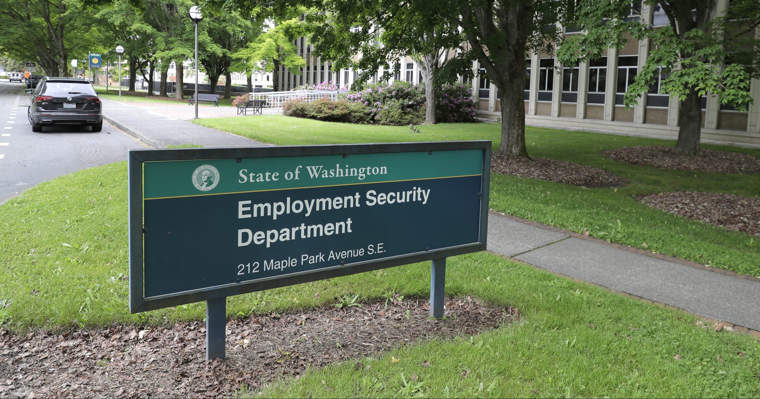 This photo shows a sign at the headquarters for Washington state's Employment Security Department Tuesday on May 26, 2020, at the Capitol in Olympia, Washington.