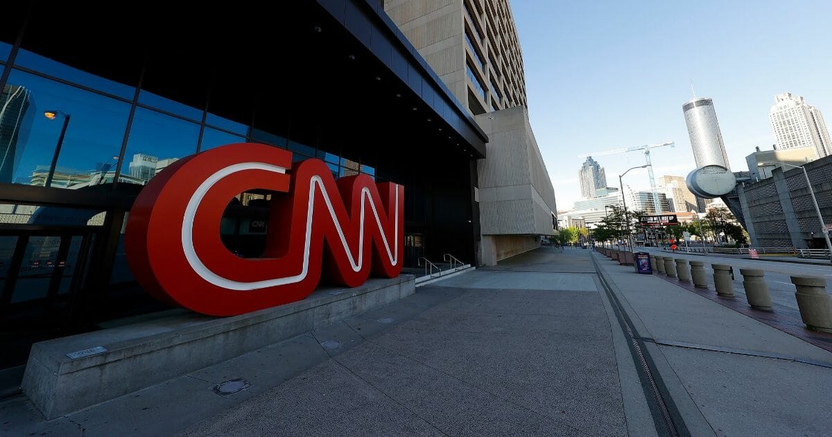 A view of an empty sidewalk is seen outside of the CNN Center in Atlanta on April 4, 2020.