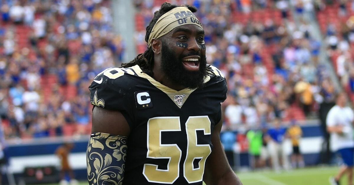 Outside linebacker Demario Davis #56 of the New Orleans Saints reacts ahead of the game against the Los Angeles Rams at Los Angeles Memorial Coliseum on Sept. 15, 2019, in Los Angeles, California.