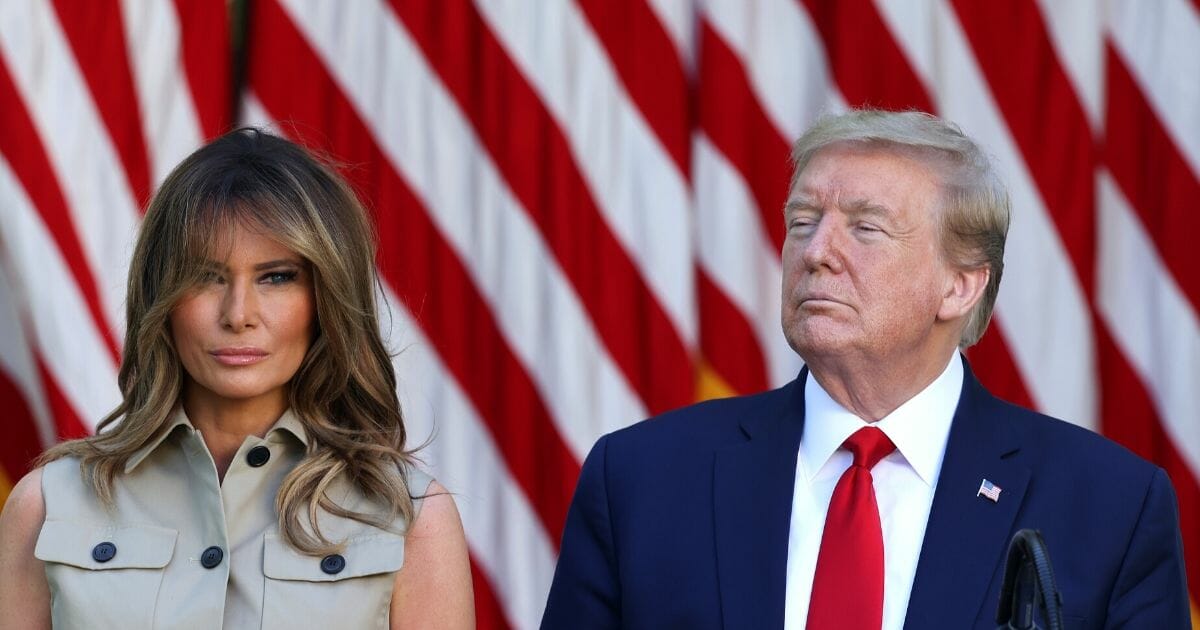 President Donald Trump and first lady Melania Trump participate in a National Day of Prayer event in the Rose Garden of the White House on May 7, 2020, in Washington, D.C.