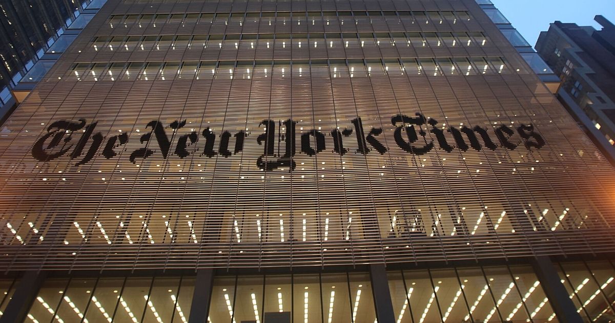 The New York Times' masthead is displayed in front of the midtown headquarters on Dec. 7, 2009, in New York City.