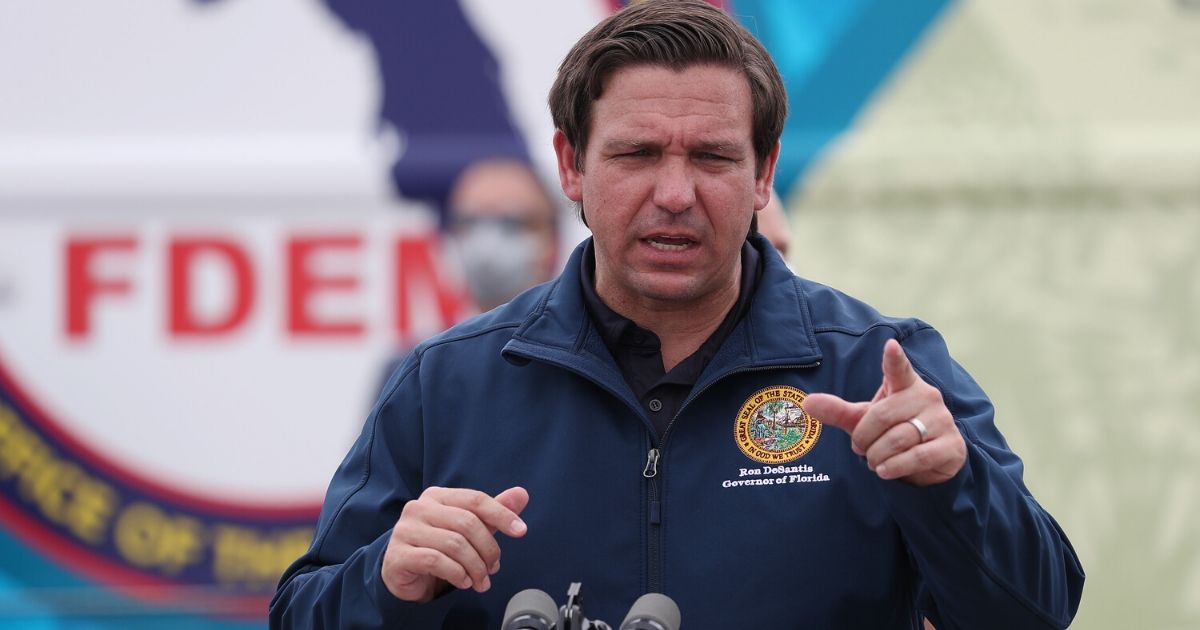 Florida Gov. Ron DeSantis speaks during a news conference at the Hard Rock Stadium testing site on May 6, 2020, in Miami Gardens, Florida.