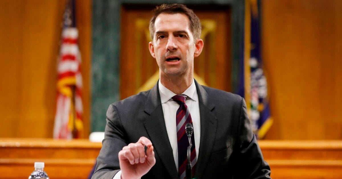Republican Sen. Tom Cotton of Arkansas speaks during a Senate Intelligence Committee hearing on Capitol Hill in Washington on May 5, 2020.