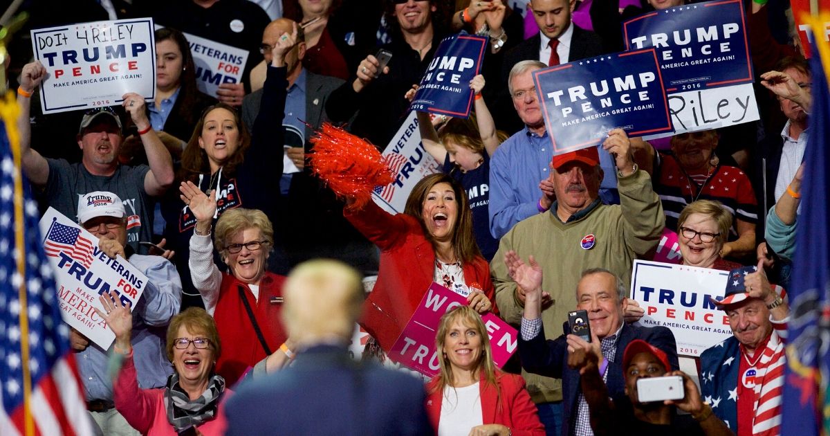 Supporters cheer then-GOP presidential nominee Donald Trump during a rally at Giant Center on Nov. 4, 2016, in Hershey, Pennsylvania.