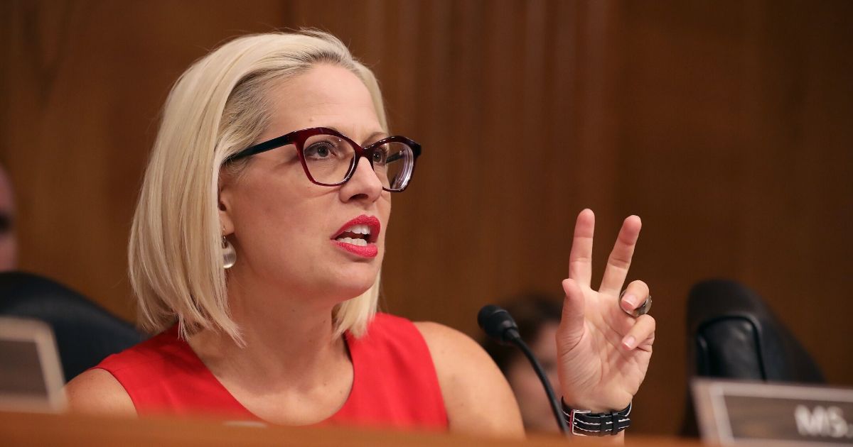 Democratic Sen. Kyrsten Sinema of Arizona questions witnesses during a Senate Aviation and Space Subcommittee in the Dirksen Senate Office Building on Capitol Hill on May 14, 2019, in Washington, D.C.