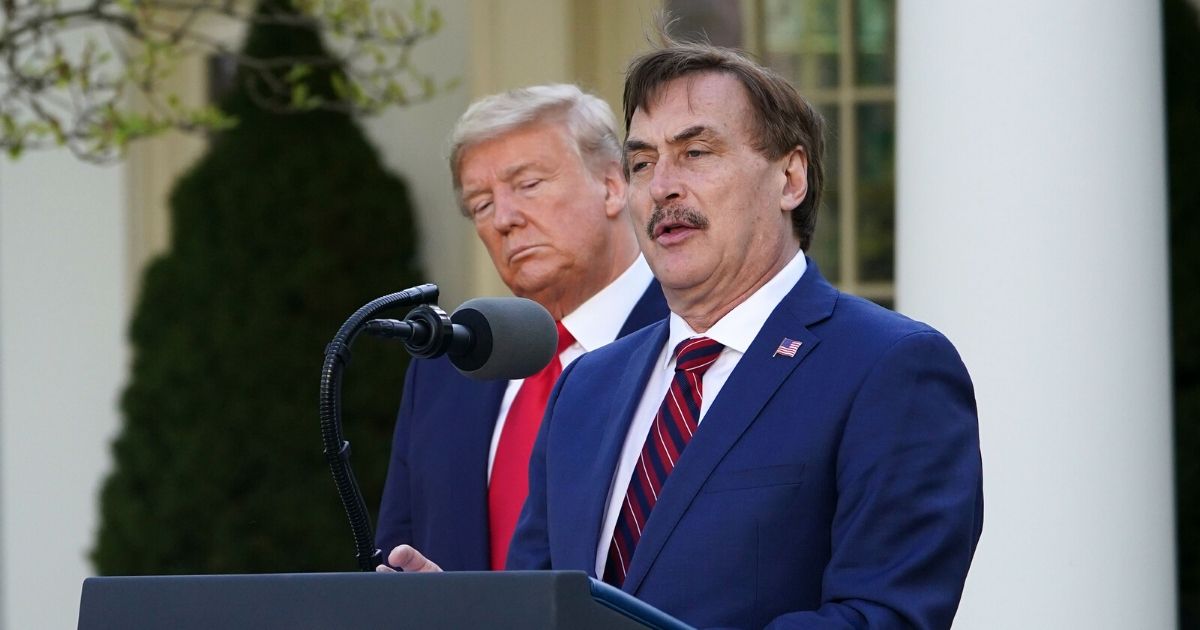 MyPillow founder and CEO Michael J. Lindell, pictured with President Donald Trump during a Rose Garden news briefing March 30,