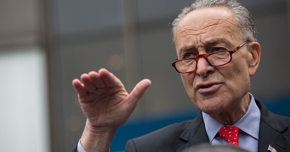 Senate Minority Leader Charles Schumer speaks at a news conference outside New York Penn Station on May 15, 2015, in New York City.