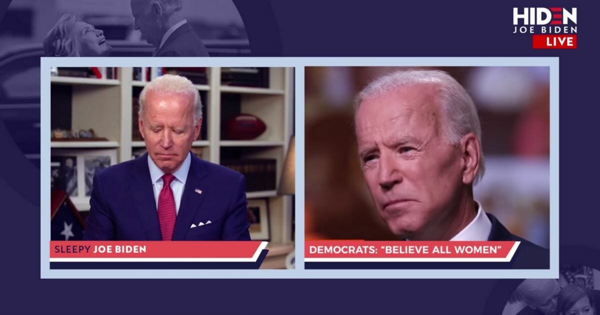 Still from a video released by President Donald Trump’s re-election campaign featuring former Vice President Joe Biden’s statements on sexual assault accusations.