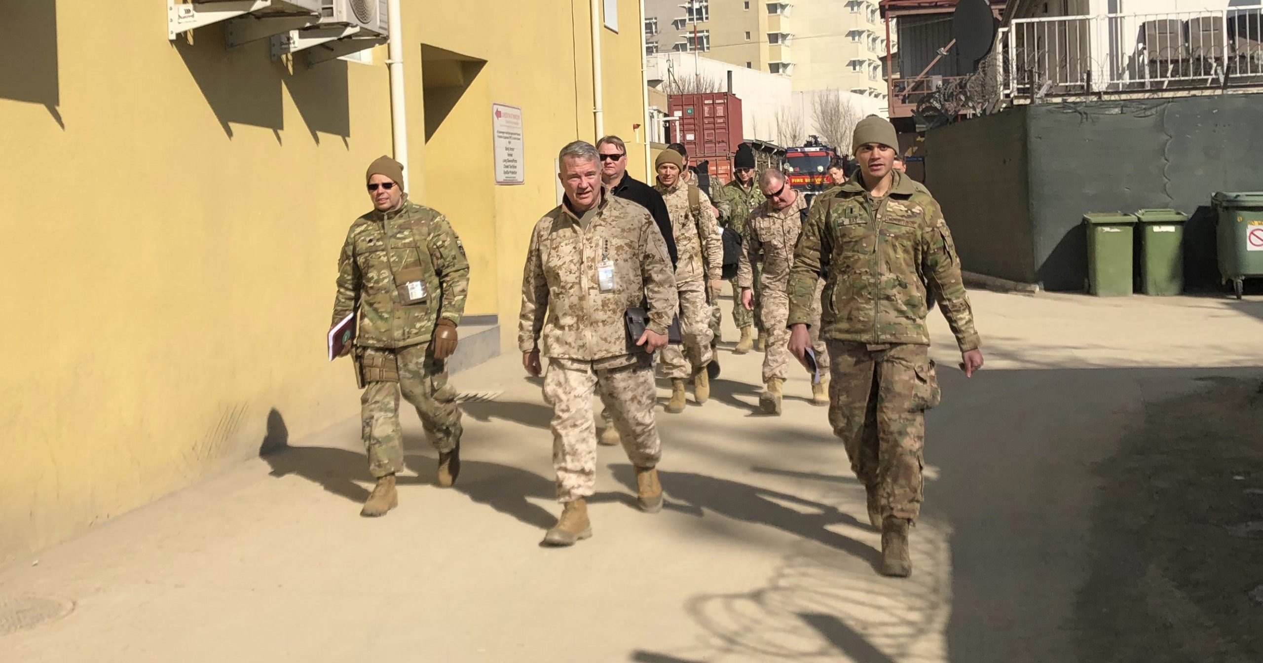 Marine Gen. Frank McKenzie, center, top U.S. commander for the Middle East, visits Kabul, Afghanistan, on Jan. 31, 2020.