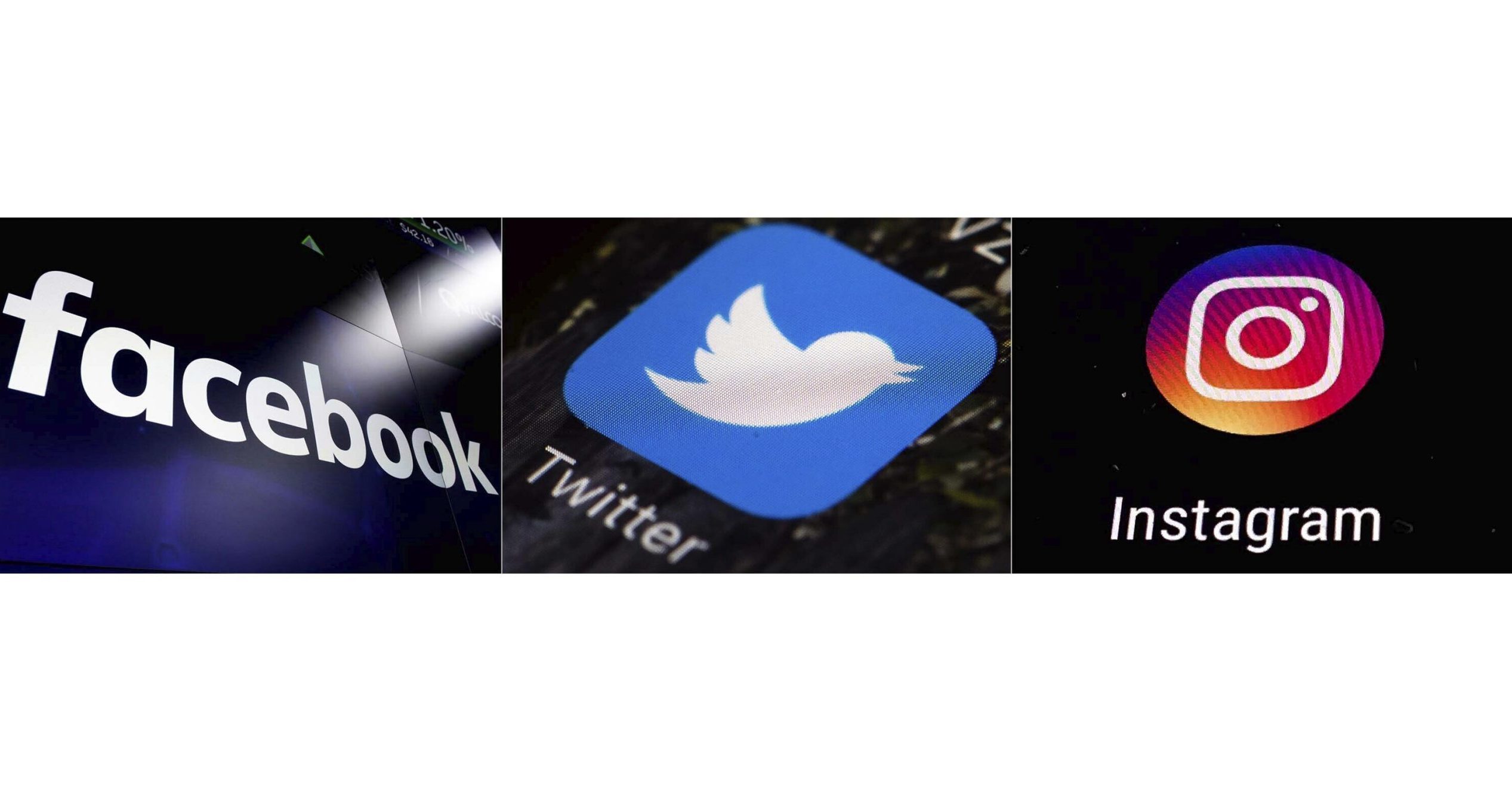 This combination of photos shows logos for social media platforms, from left, Facebook, Twitter and Instagram.