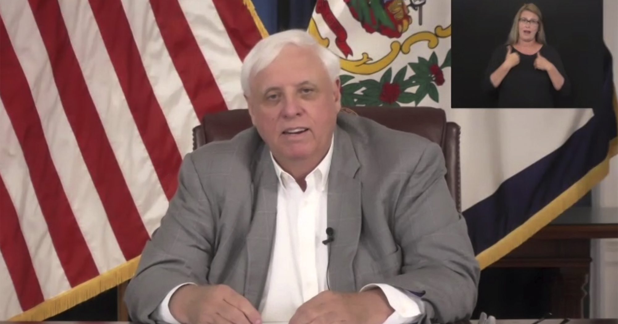 In this image provided by the West Virginia governor's office, Gov. Jim Justice holds a news conference regarding the COVID-19 pandemic on May 29, 2020, in Charleston, West Virginia.