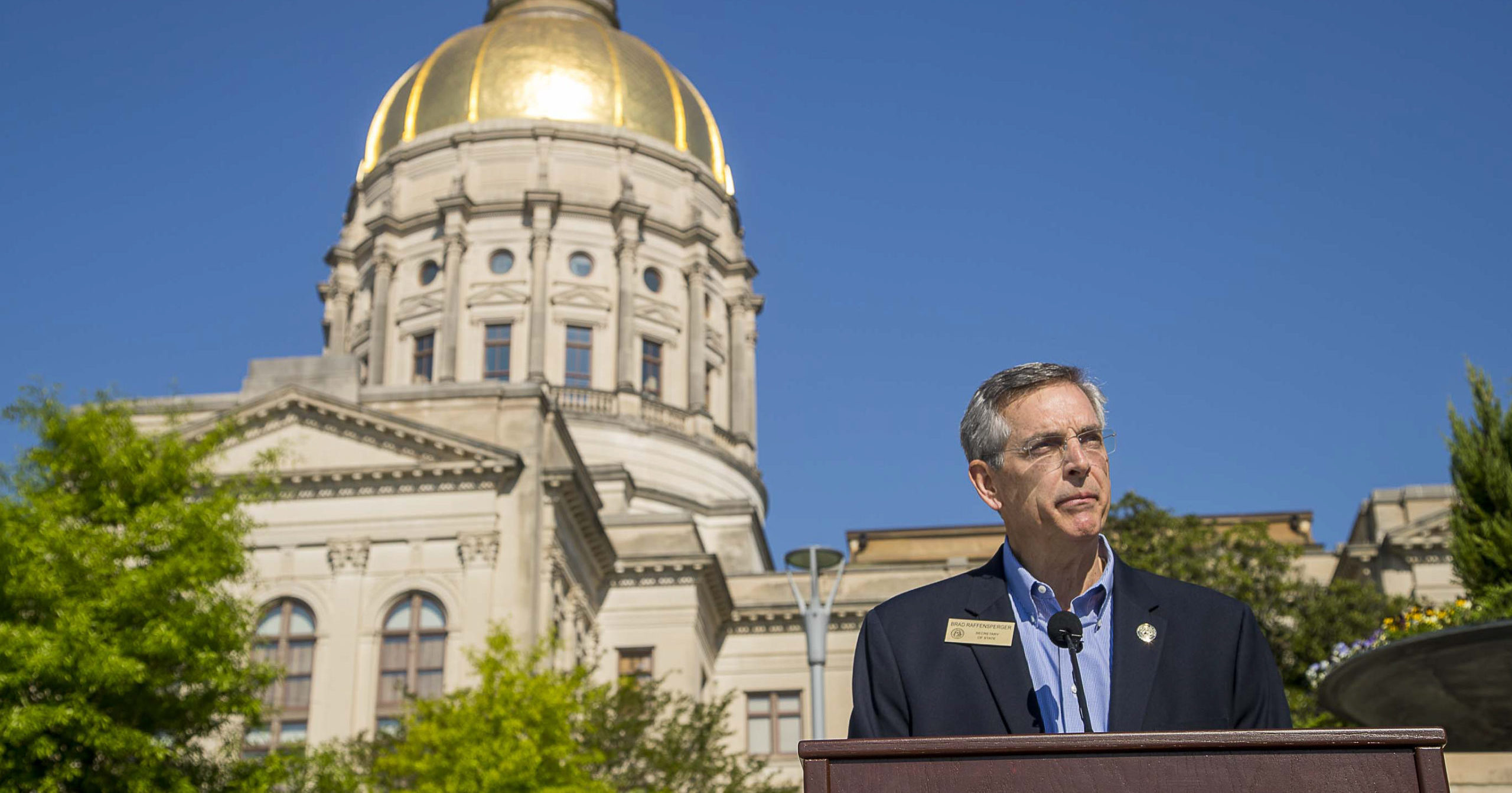Georgia Secretary of State Brad Raffensperger speaks during a news conference across the street from the Georgia State Capitol in downtown Atlanta on April 6, 2020.