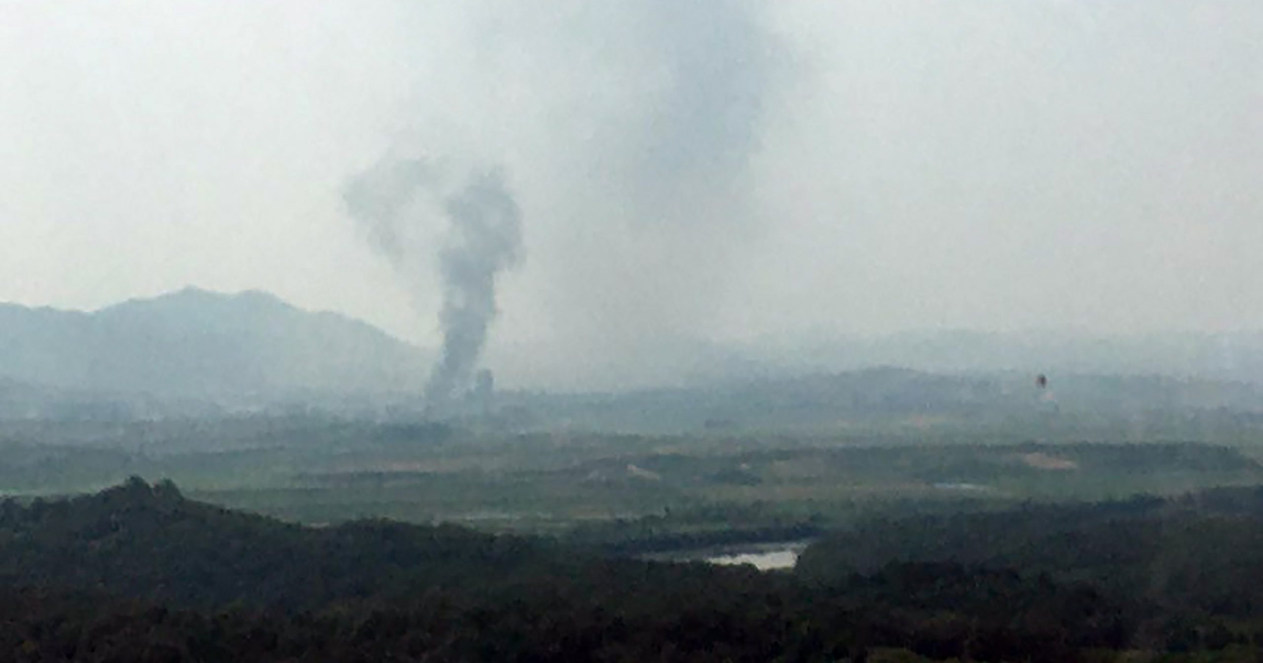 Smoke rises in the North Korean border town of Kaesong, seen from Paju, South Korea, on June 16, 2020.