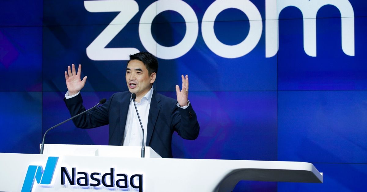 Zoom founder Eric Yuan speaks before the Nasdaq opening bell ceremony on April 18, 2019, in New York City.