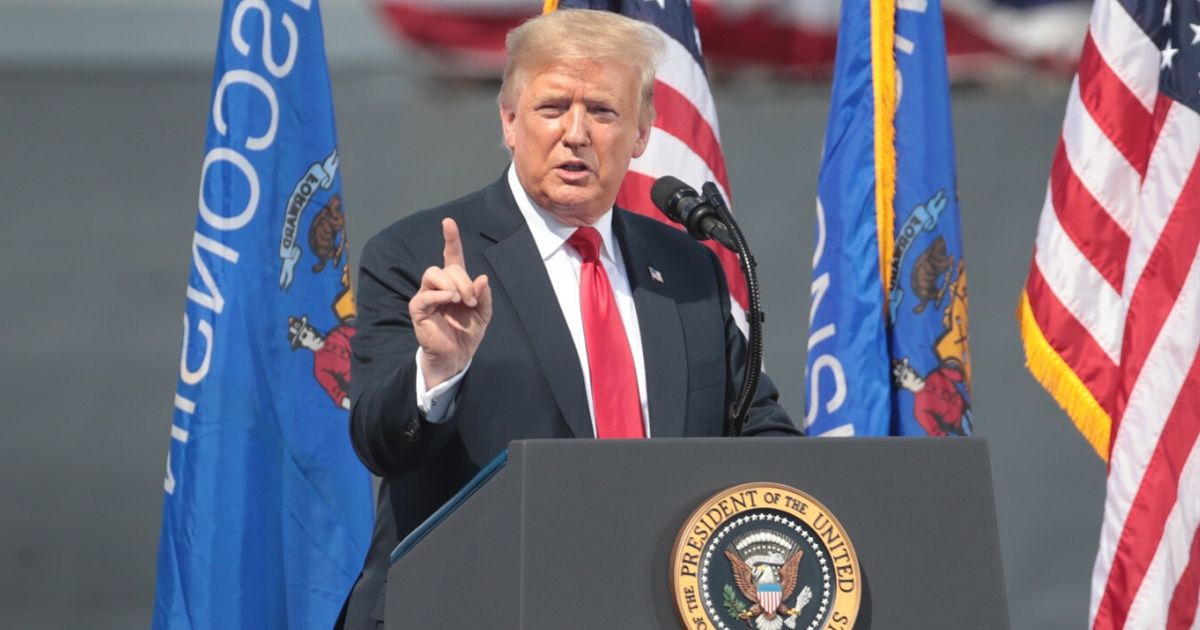President Donald Trump speaks to workers during a visit to the Fincantieri Marinette Marine shipyard on June 25, 2020, in Marinette, Wisconsin.