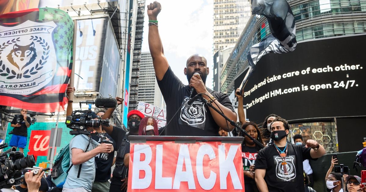 Chairman of BLM Greater NY Hawk Newsome speaks at a Black Lives Matter rally in Times Square on June 7, 2020, in New York, New York.