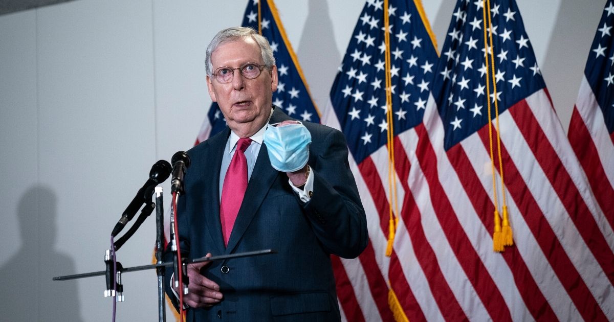 Senate Majority Leader Mitch McConnell (R-Kentucky) speaks to the media after a meeting with Republican senators in the Hart Senate Office Building on Capitol Hill on May 19, 2020, in Washington, D.C.