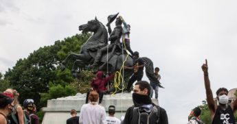 Protesters attempt to pull down the statue of Andrew Jackson in Lafayette Square near the White House on June 22, 2020, in Washington, D.C.