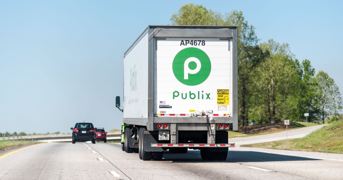 A Publix grocery store delivery truck is sign on a highway near Atlanta on April 20, 2018.