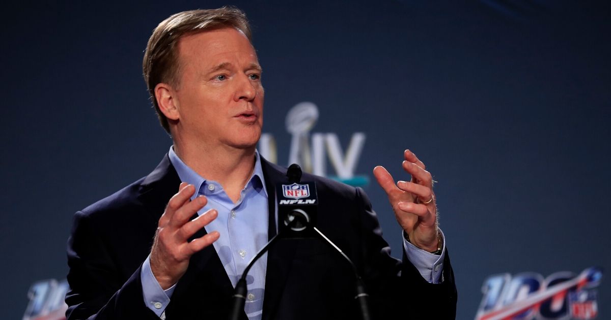 NFL commissioner Roger Goodell speaks to the media during a news conference prior to Super Bowl LIV at the Hilton Miami Downtown on Jan. 29, 2020, in Miami, Florida.
