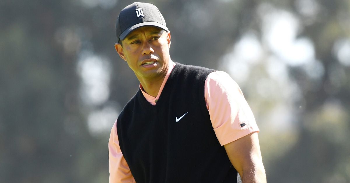 Tiger Woods reacts on the third green during the first round of the Genesis Invitational on Feb. 13, 2020, in Pacific Palisades, California.