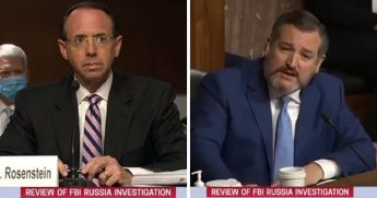 Former Deputy Attorney General Rod Rosenstein, left, tesifies under questioning Wednesday by Texas Sen. Ted Cruz, right.