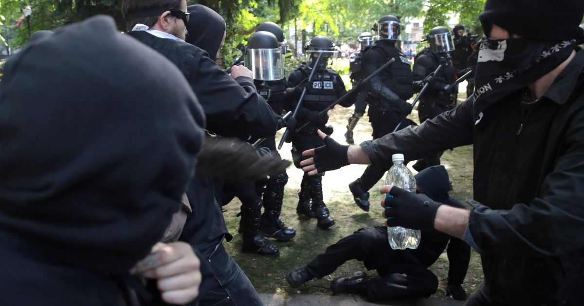 Police clash with antifa members on June 4, 2017, in Portland, Oregon.