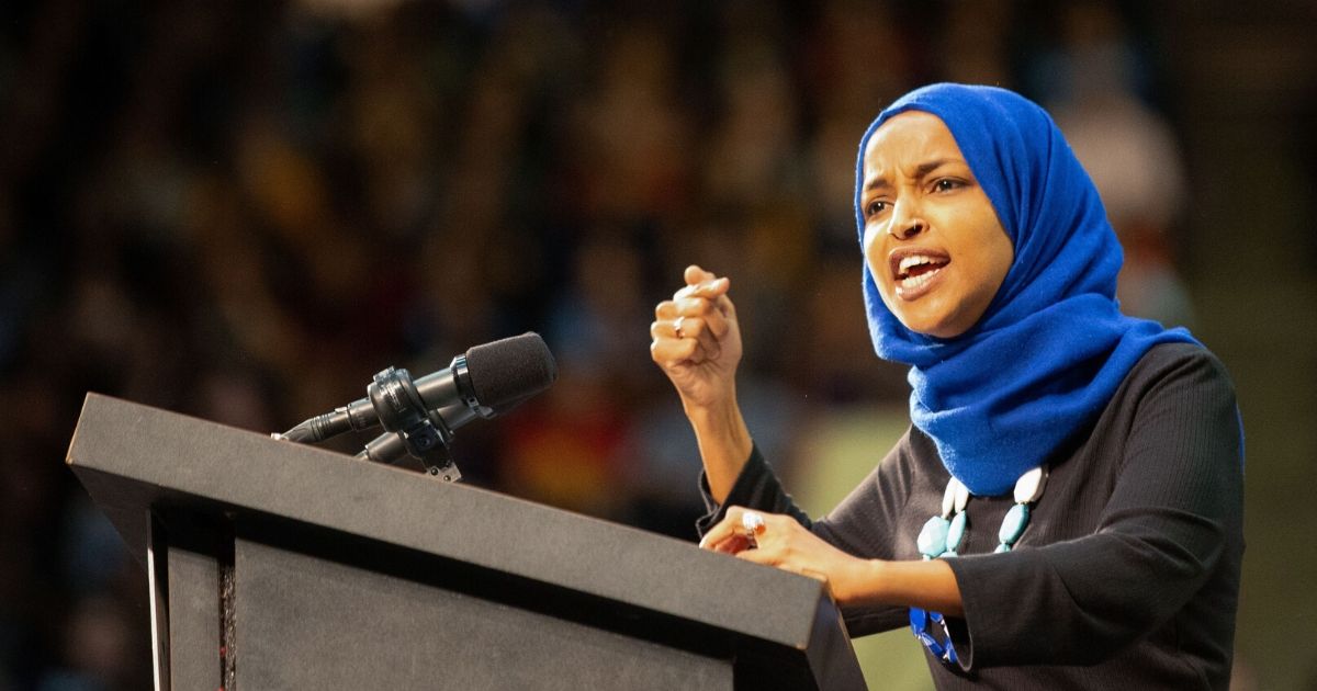 Democratic Rep. Ilhan Omar of Minnesota speaks to the crowd during a rally for independent Sen. Bernie Sanders of Vermont, then a candidate for president, at the Saint Paul RiverCentre on March 2, 2020, in Saint Paul, Minnesota.