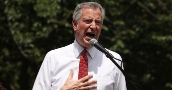 New York Mayor Bill de Blasio raises his voice Thursday to address thousands gathered in  Brooklyn’s Cadman Plaza Park for a memorial service for George Floyd, the man killed in police custody in Minnesota on May 25. 