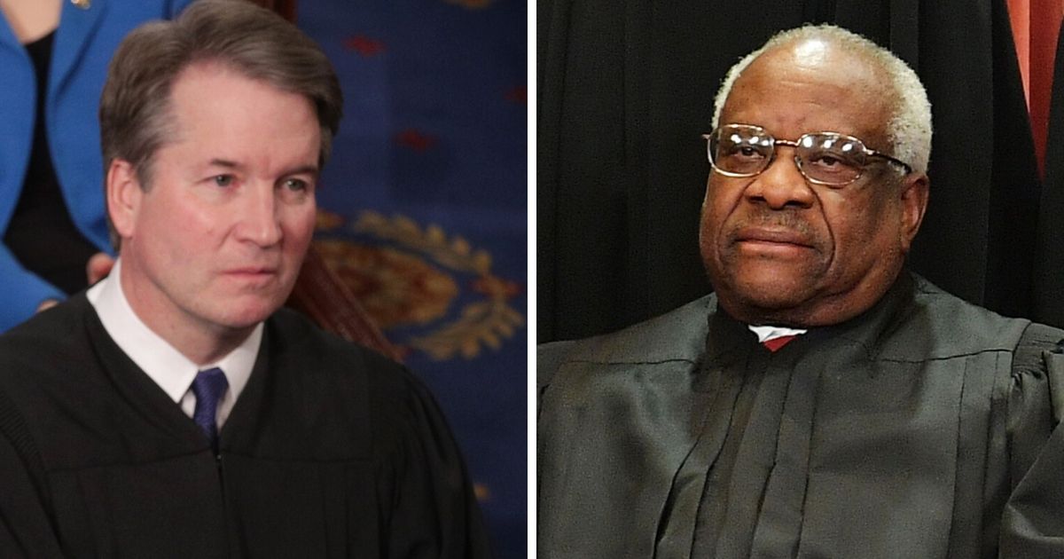 Supreme Court Justice Brett Kavanaugh, left, joined Justice Clarence Thomas, right, in dissenting from the court's decision to reject a New Jersey gun control case.