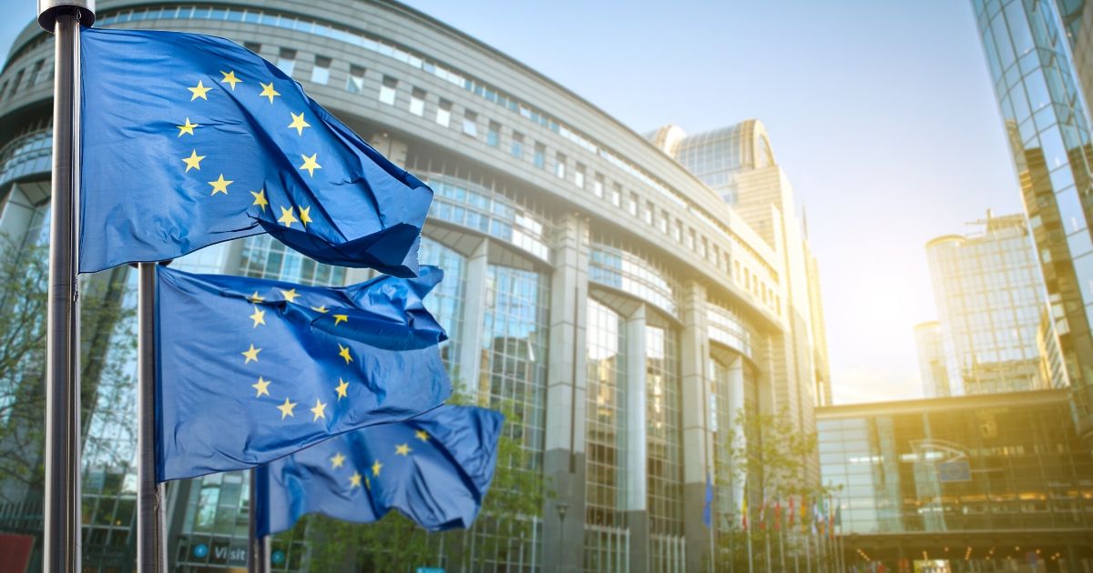 Stock image of European Union flags in Brussels.